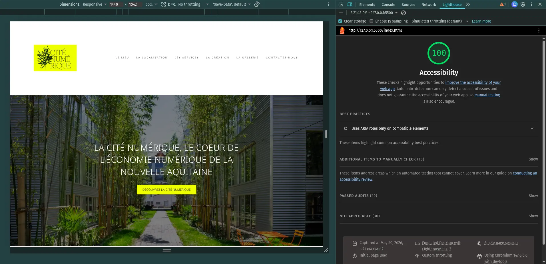 Note Lightroom 100% sur la landing page du projet