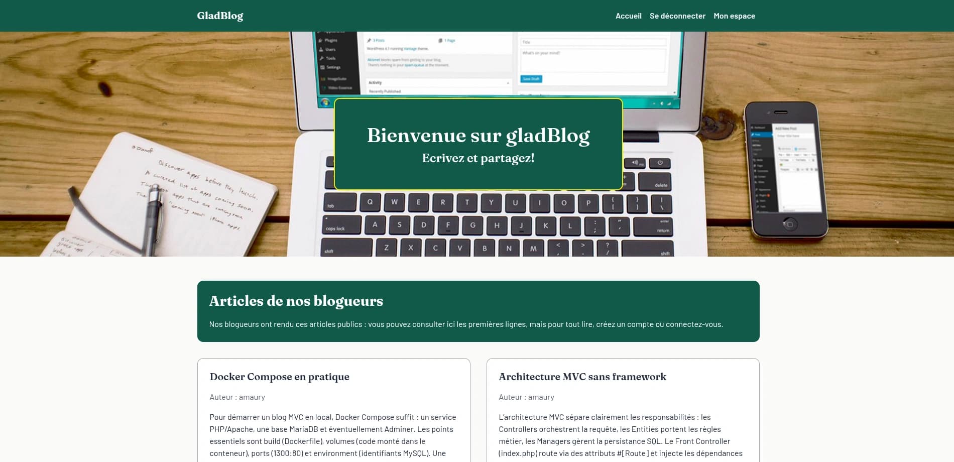 Glad Blog — page d'accueil du blog PHP MVC